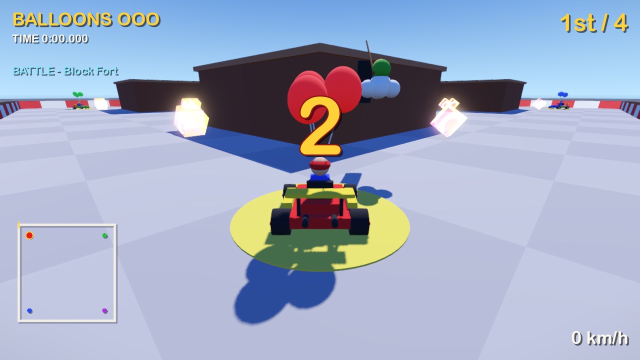 Battle mode: four karts with three balloons each